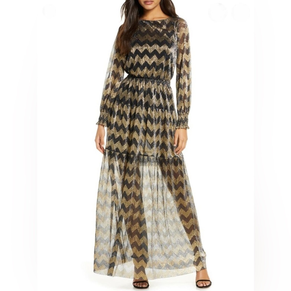 NWT Eliza J Metallic Chevron Stripe Maxi Dreess